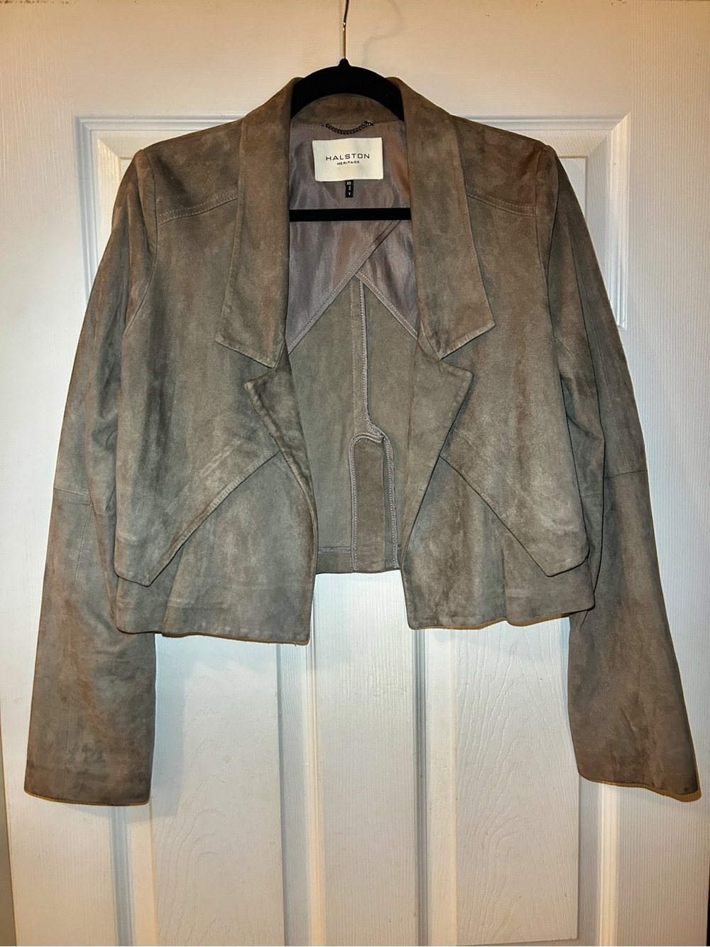 Halston Heritage Cropped Suede Jacket in Taupe XS